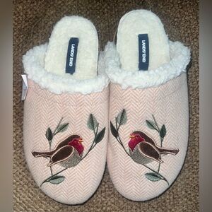 NWT Land's End Cork Scuff Slippers Chevron w/Bird Embroidered Sherpa Lined 10 B